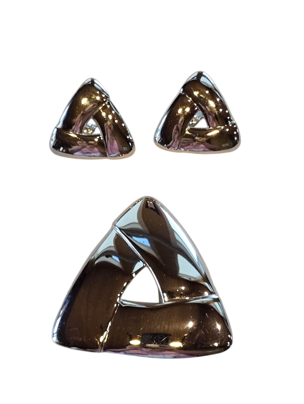 Monet Triangle Style Silvertone Vintage Brooch Clip Earring Set